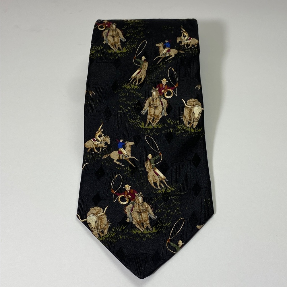 Ferrell Reed Collectibles all silk black tie with a cowboy and bull